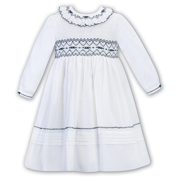 Sarah Louise - White hand smocked dress with navy embroidery 012758