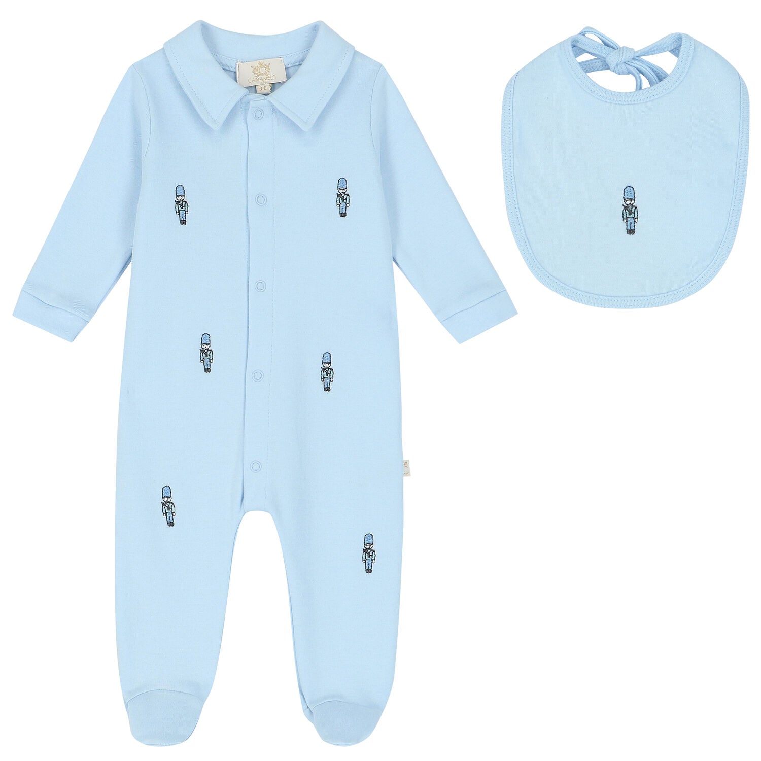 Caramelo Kids, All in ones, Caramelo Kids - Pale blue all in one and bib, soldier design