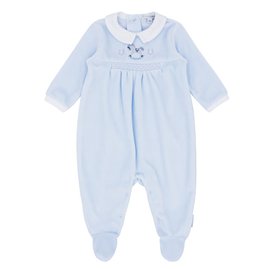 blues baby, All in ones, blues baby - Light blue velour all in one, rocking horse motif