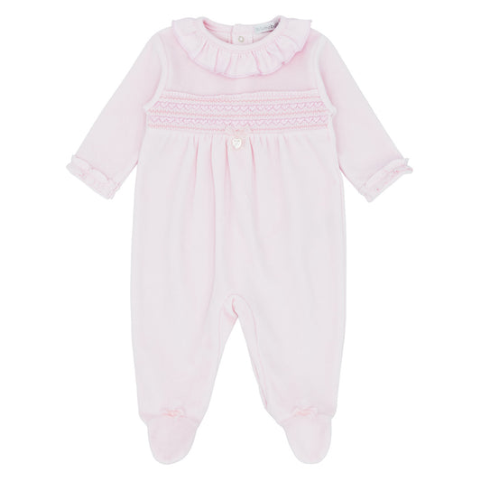 blues baby, All in ones, blues baby - Soft pink velour all in one, smock detail with heart embroidery