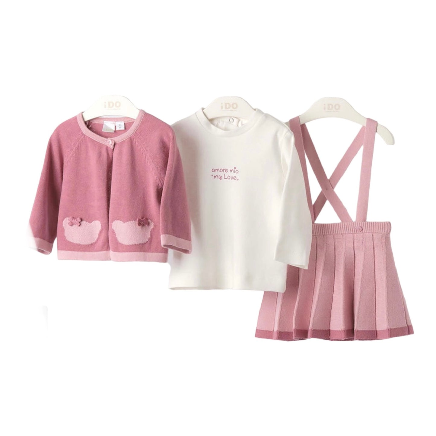 iDO, 3 piece skirts sets, iDo - 3 piece knit set, top skirt and cardigan, pink