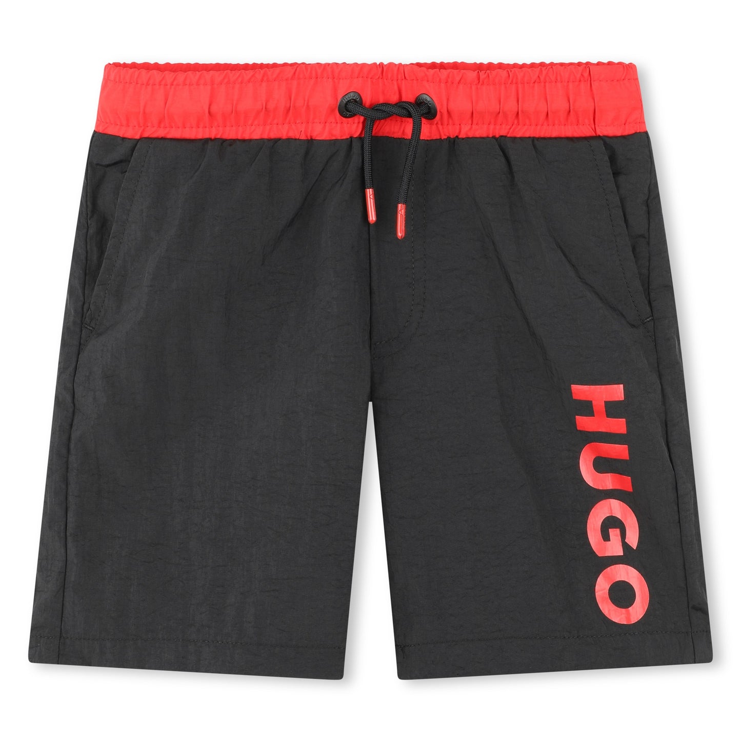 HUGO - Black swim shorts, with red waistband and red HUGO branding