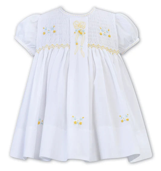 Sarah Louise, dresses, Sarah Louise - Traditional hand smocked white with lemon baby dress