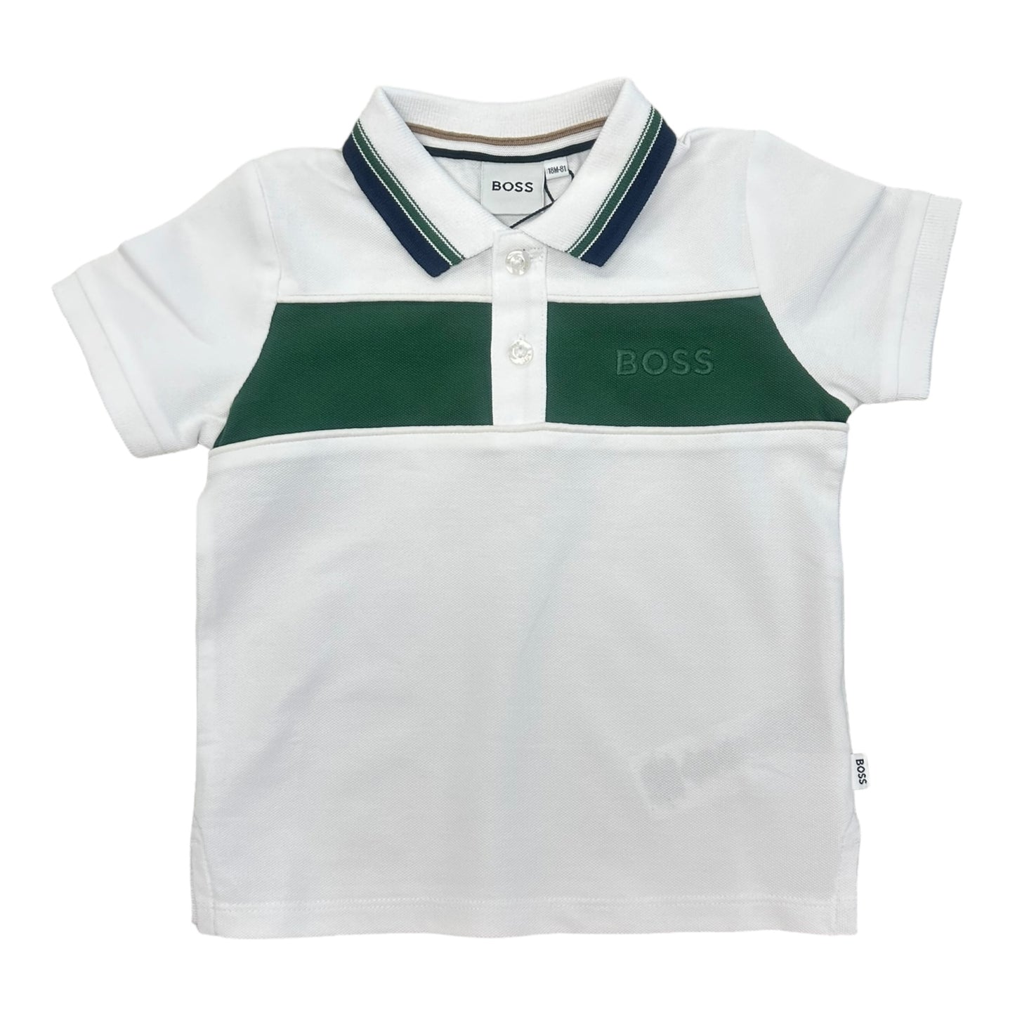 Boss, T-shirts, Boss - White polo T-shirt with green and navy trim, 18m - 3yrs