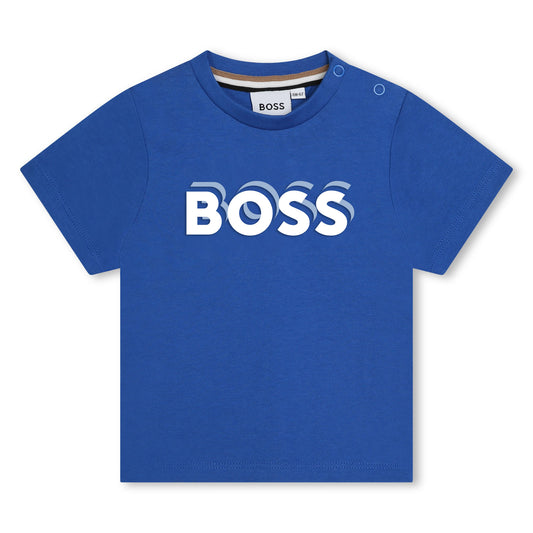 Boss, T-shirts, Boss - Blue crew neck T-shirt with white BOSS print across front
