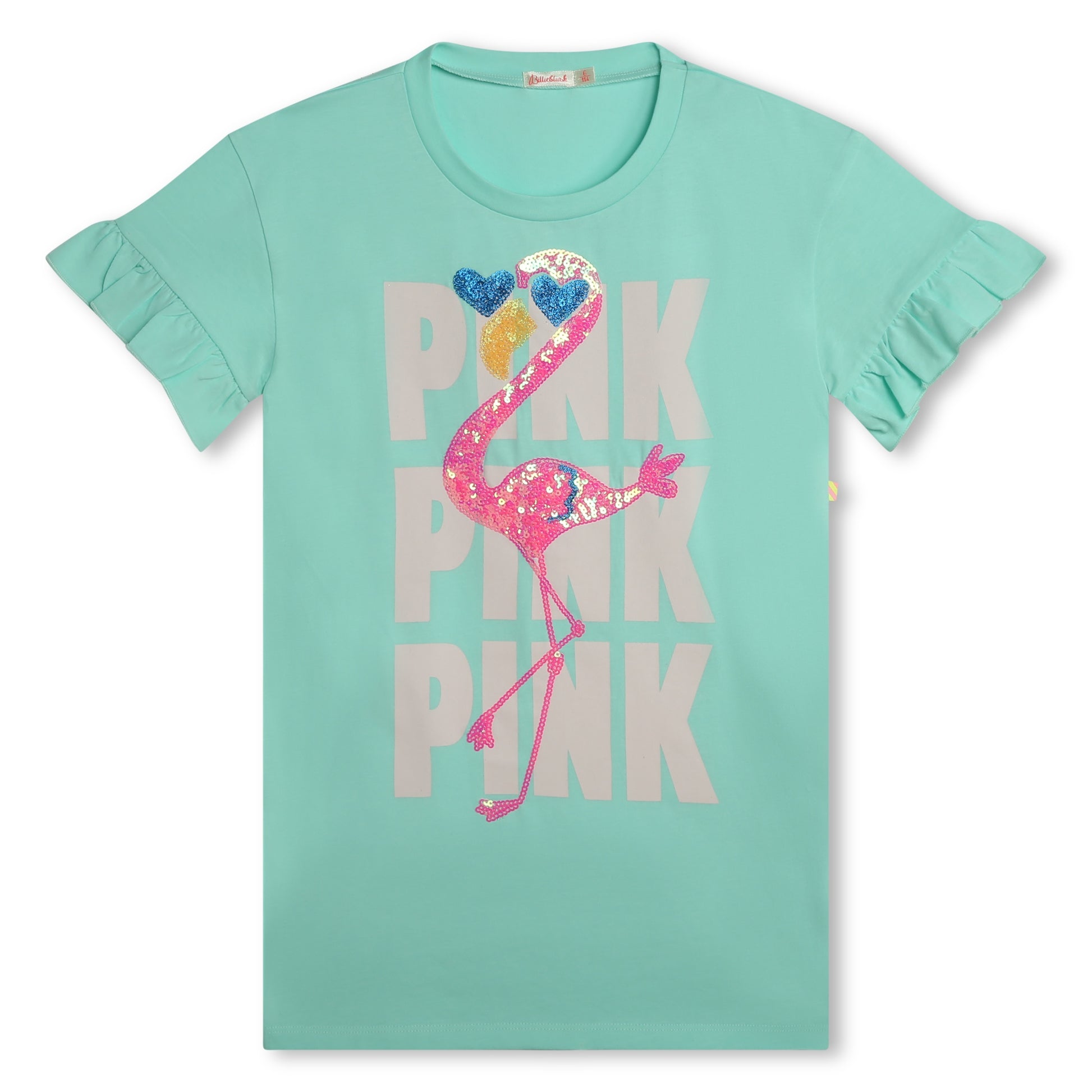Billieblush, Dress, Billieblush - Dress, Aqua Billieblush Aqua T-Shirt dress  Ruffle sleeves  Pink sequin flamingo on front  U20186/74A  100% cotton   Machine washable 30*