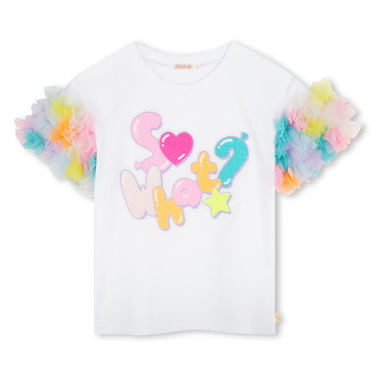 "Coming Soon" Billieblush - White T-shirt with multi-coloured ruffle short sleeves