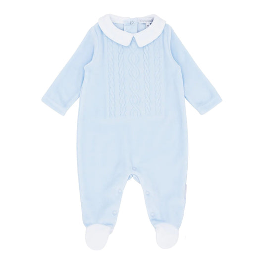 blues baby, All in ones, blues baby - Pale blue velour all in one, cable detail