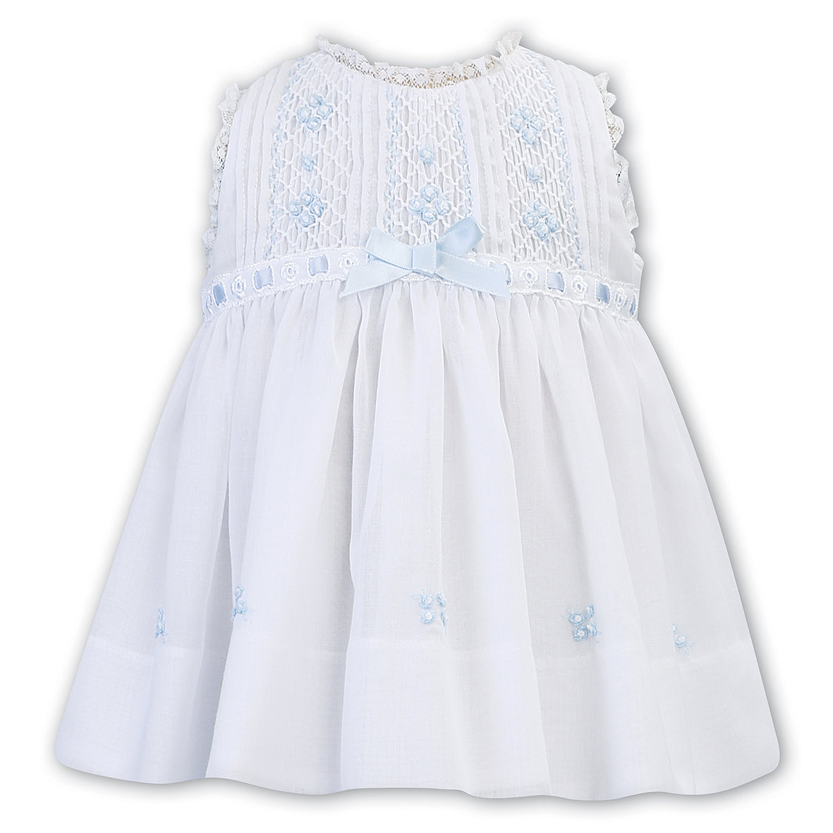 Sarah Louise - Hand smocked sun dress, white with pale blue detail 012245-2 | Betty McKenzie