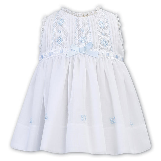 Sarah Louise - Hand smocked sun dress, white with pale blue detail 012245-2 | Betty McKenzie